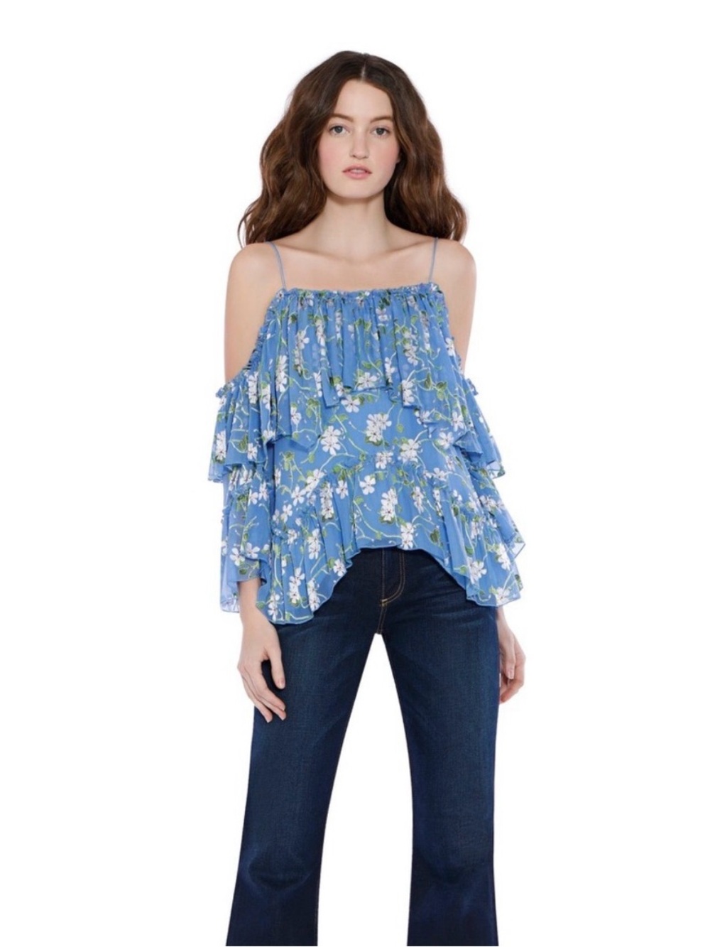 Alice + Olivia Tia blue silk off shoulder blouse size S
